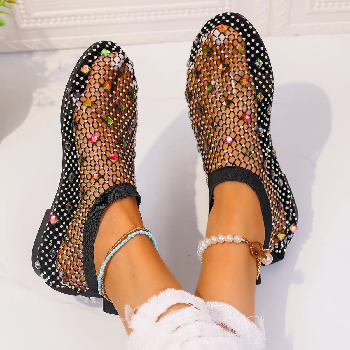 Women's colourful rhinestone mesh flat sandals with round toe and rubber sole