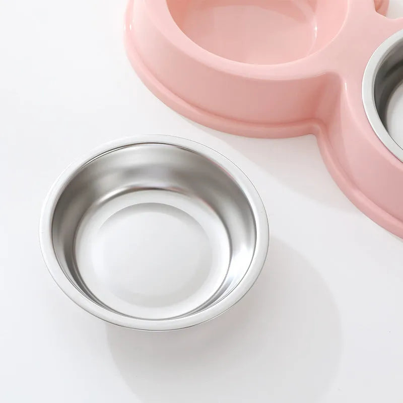 Stainless steel pet double bowl with food and water compartments in blue colour