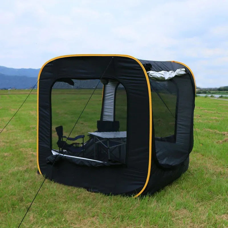Black pop-up car tail tent with steel frame poles unfolded to 200cm cubic dimensions