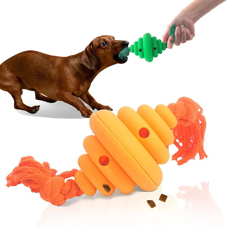 Green and yellow dog ball with rope toy for large breeds showing treat dispensing slot