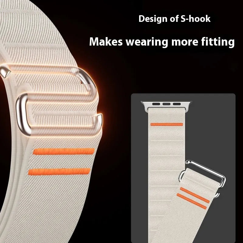 Elastic nylon sport loop strap with stainless steel buckle for Apple Watch, shown in multiple colour options.