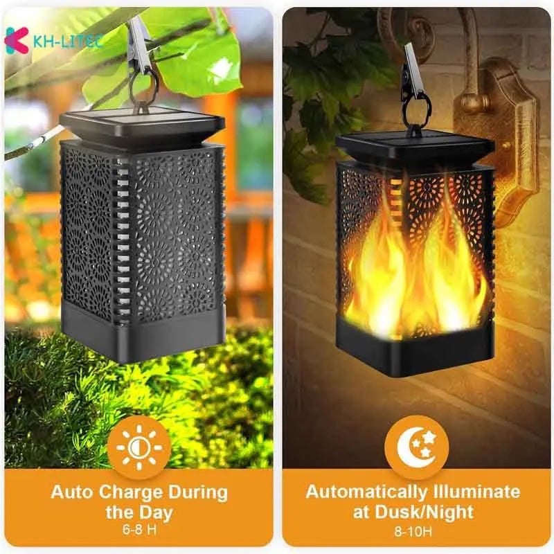 Black solar-powered LED hanging torch light with flickering flame effect for outdoor garden decoration.