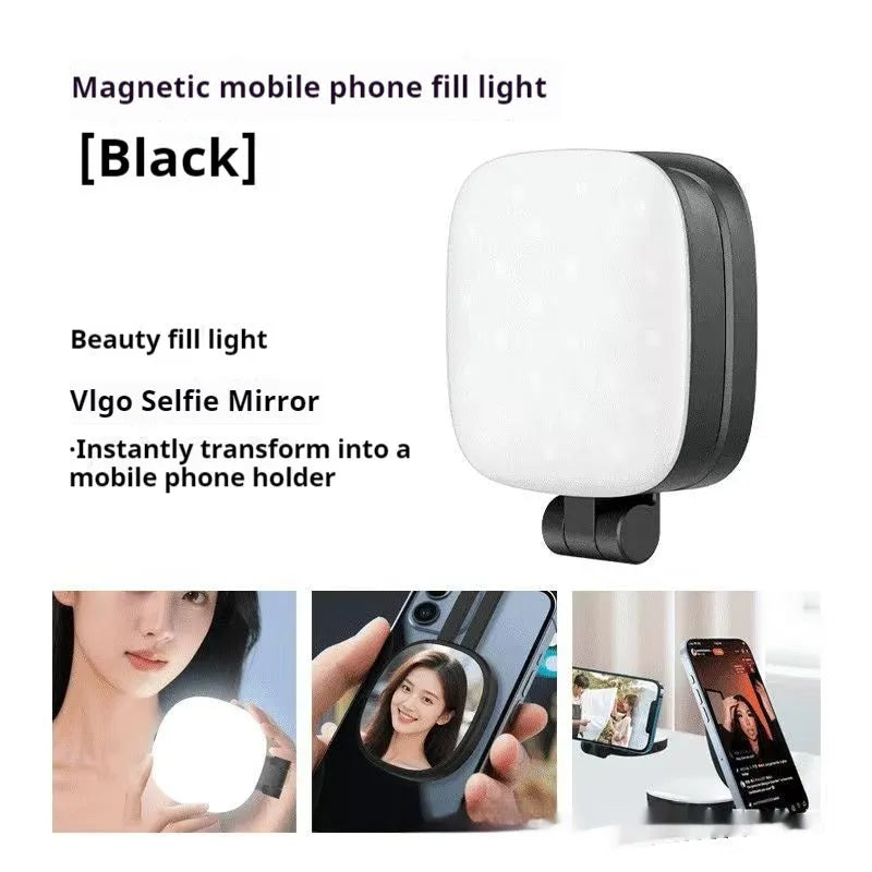Black and white mini magnetic fill light with adjustable phone holder and three-colour LED lights