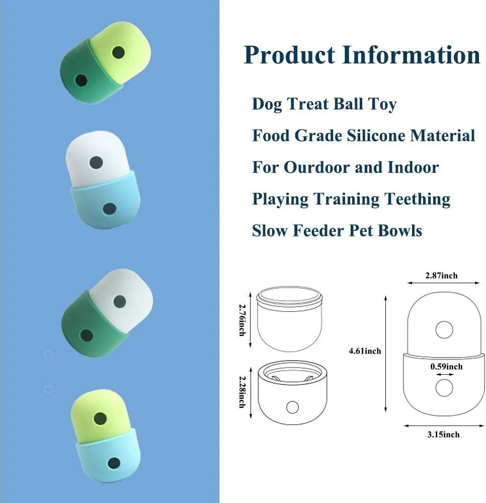 White and blue food-grade silicone dog treat puzzle ball measuring 8cm by 11cm
