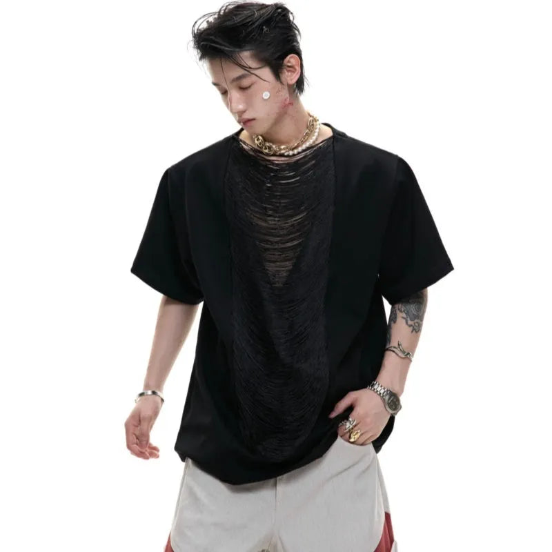 Men's black V-neck polyester t-shirt with loose fit and three-dimensional cutting
