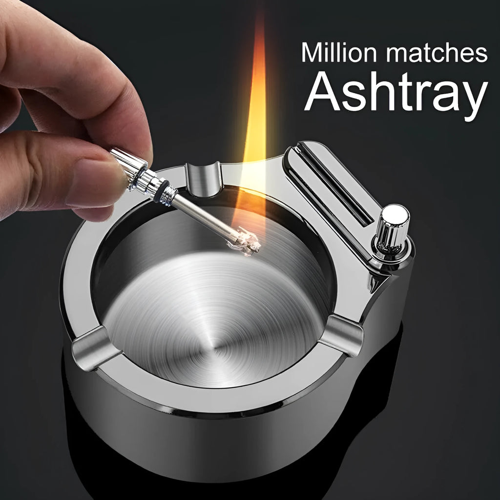 Large metal ashtray with permanent match lighter in blue, stainless steel and ABS construction, three cigarette slots