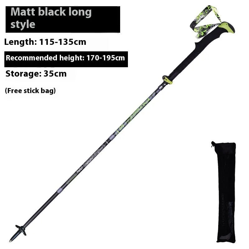 Carbon fibre folding climbing cane with five sections, tungsten steel tip, and EVA handle in red and matte black options