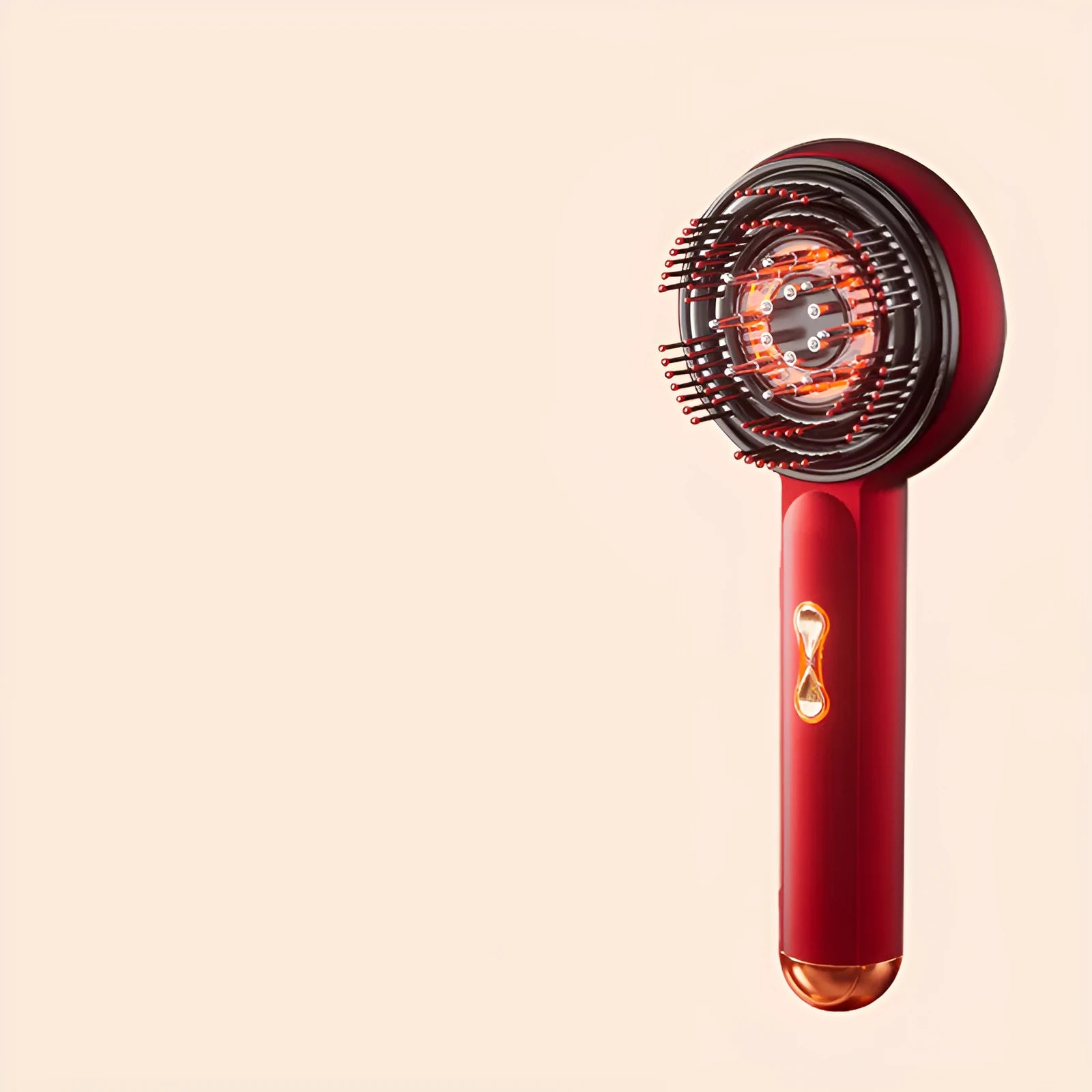 Red and blue light massage hair comb in black plastic with Type-C charging port on a white background