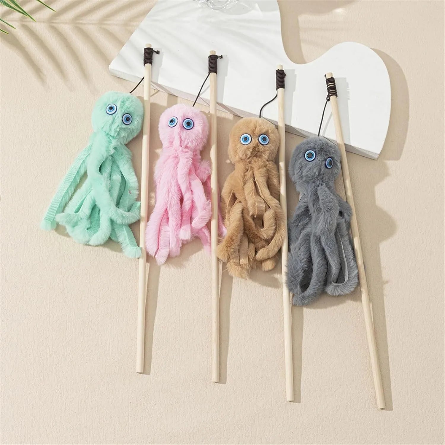 Octopus cat toy with long stick handle in bright colours for indoor kitten play