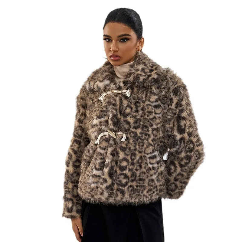 Women's leopard print polyester coat with regular sleeves in street fashion style.