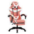 Gaming chair with footrest in black and red, showing reclining lift function, leather upholstery, alloy skeleton, and nylon feet