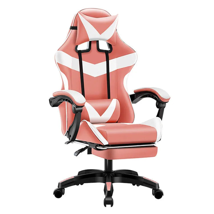 Gaming chair with footrest in black and red, showing reclining lift function, leather upholstery, alloy skeleton, and nylon feet
