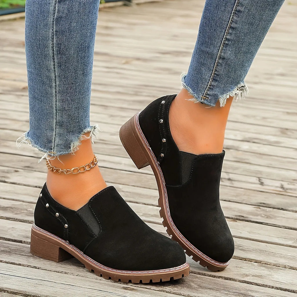 Plus size suede ankle boots for women, low heel, black colour, round toe, elastic band
