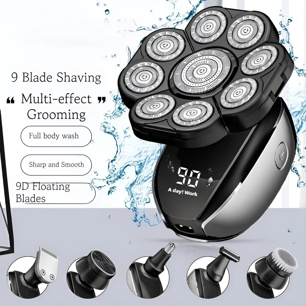 Black 6-in-1 multifunctional hair clipper set with attachments including shaver, trimmer, and combs