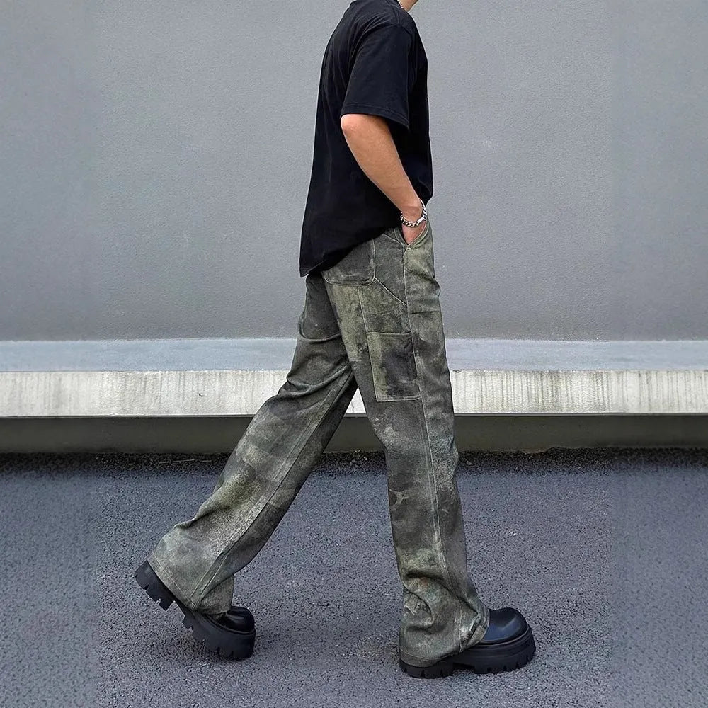 Men's straight-leg camouflage print jeans on a white background