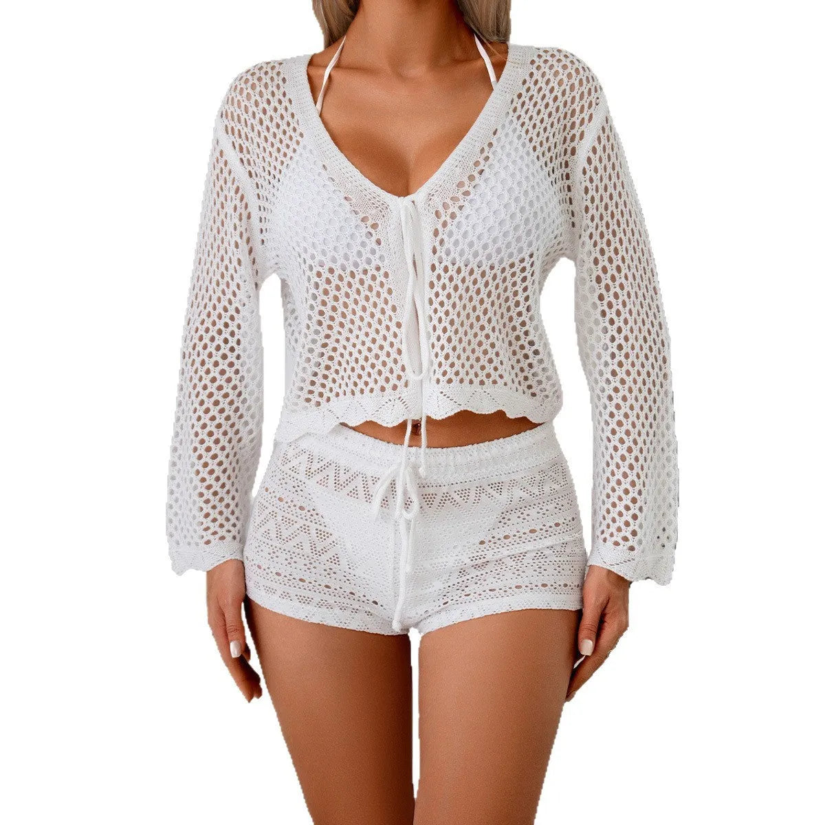 Short apricot women's cardigan blouse with bell sleeves made from thin hollow woven fabric.
