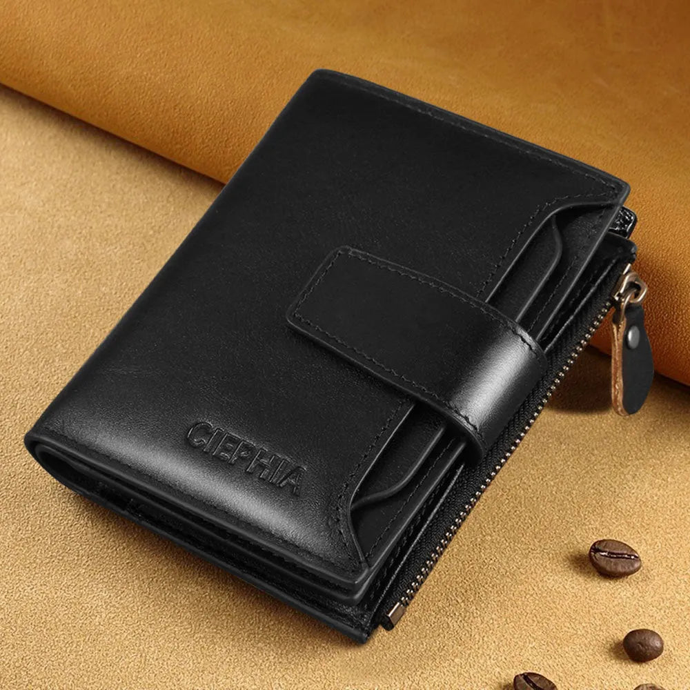 Men's genuine leather wallet in brown with retro stitching, zippered coin purse, and two-fold design