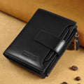Men's genuine leather wallet in brown with retro stitching, zippered coin purse, and two-fold design