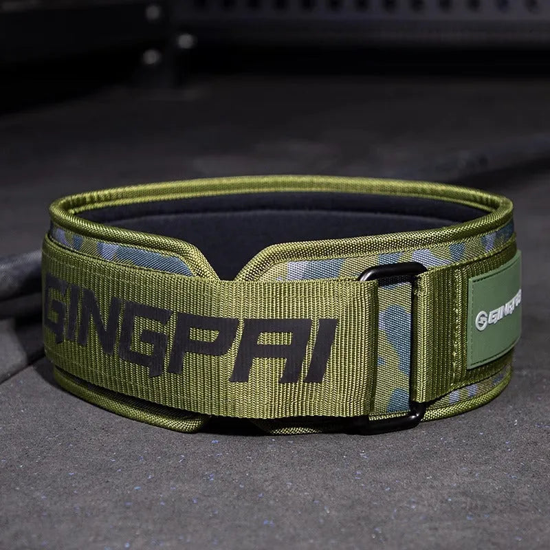 Abdominal exercising band with lumbar support belt for weightlifting and fitness training in adjustable sizes