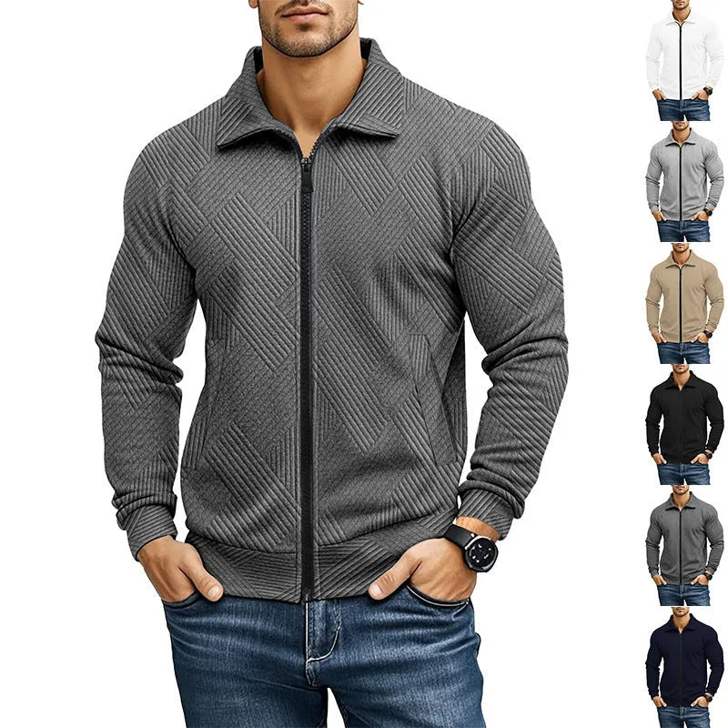 Men's casual jacket solid colour waffle turn-down collar coat front view