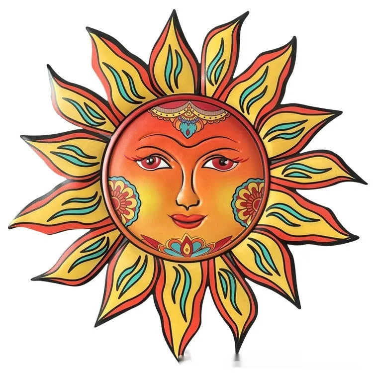 Iron sun face metal wall hanging decorative craft for indoor walls.