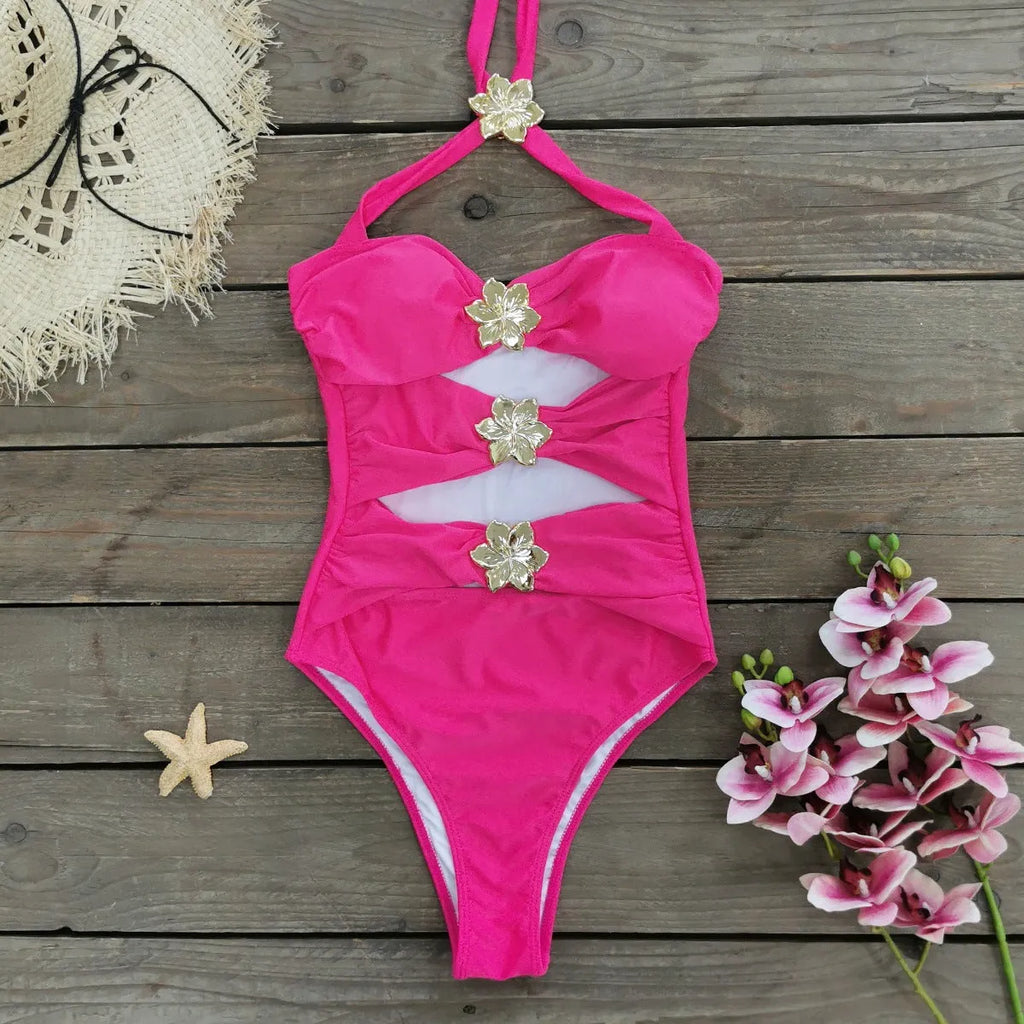 Women's solid colour one-piece swimsuit with hollow-out tube top and separate matching short skirt.