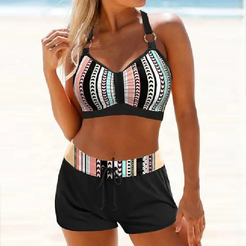 Women's two-piece polyester fibre hot spring swimsuit in Navy Blue with print pattern options