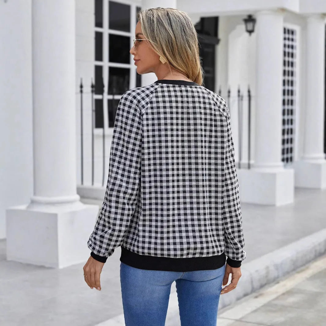 Black Japanese sweet plaid striped pullover sweater with long sleeves
