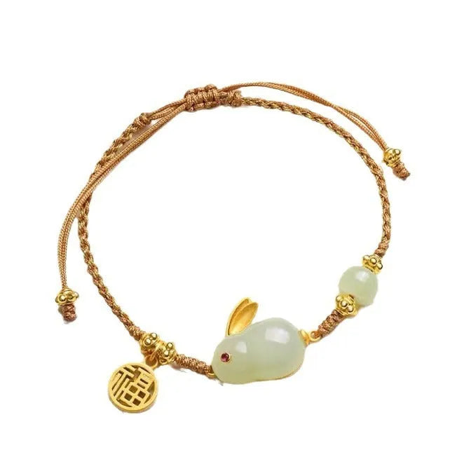 Natural Hetian jade rabbit bracelet with yellow string cord for women