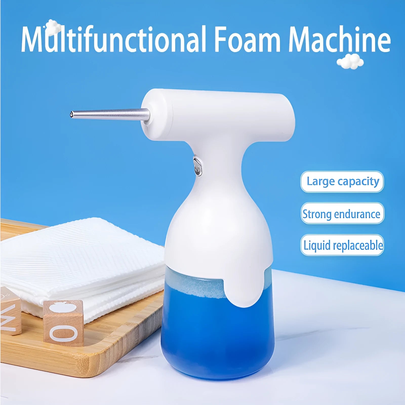 White electric foam dispenser gun with 350ML tank, ABS plastic body, and Type-C charging port on a bathroom countertop
