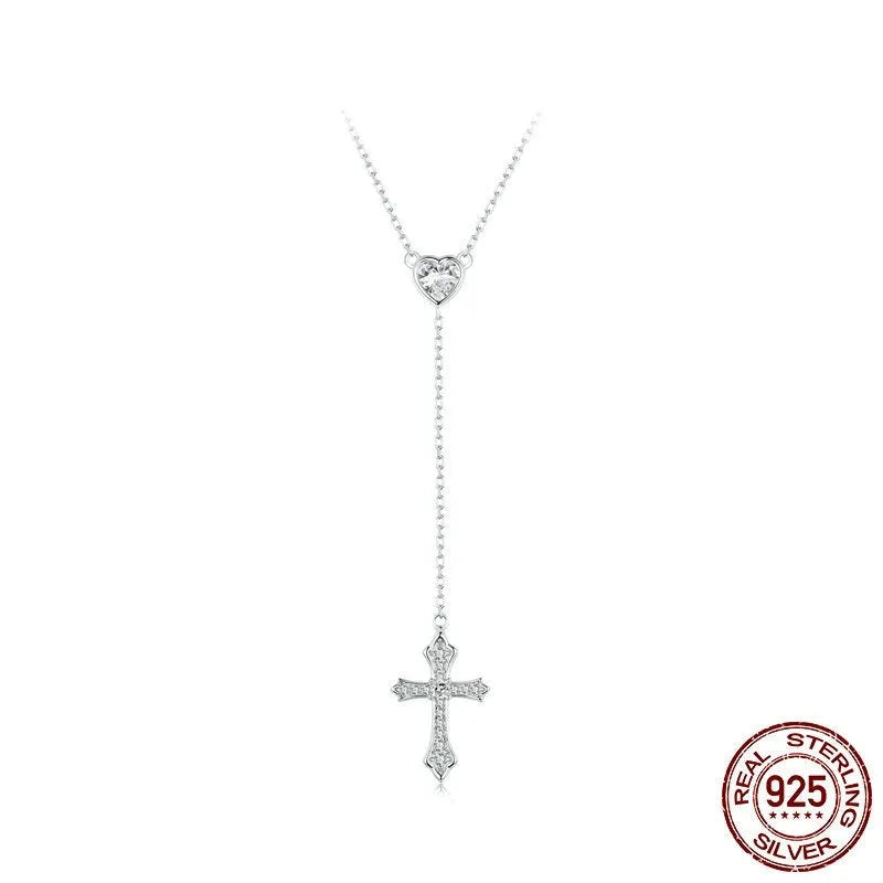 Silver cross necklace with V-neck pendant on O-ring chain, 925 silver jewellery for women