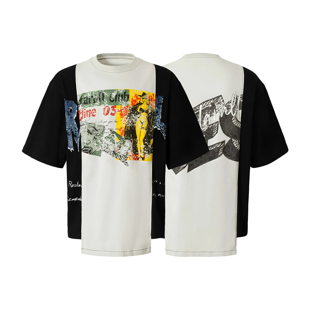 Deconstruction printed collar loose fit T-shirt in black and white stitching.