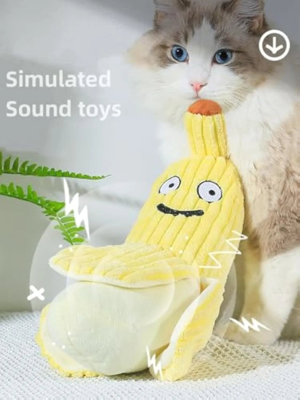 Yellow banana-shaped plush cat toy with crinkle sound, shown next to a cat for scale.