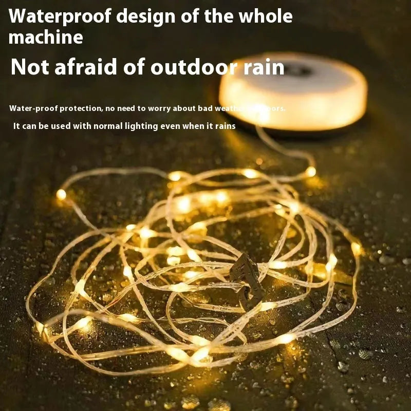 Rechargeable 8-metre 30-LED outdoor tent string light with warm and colourful light modes