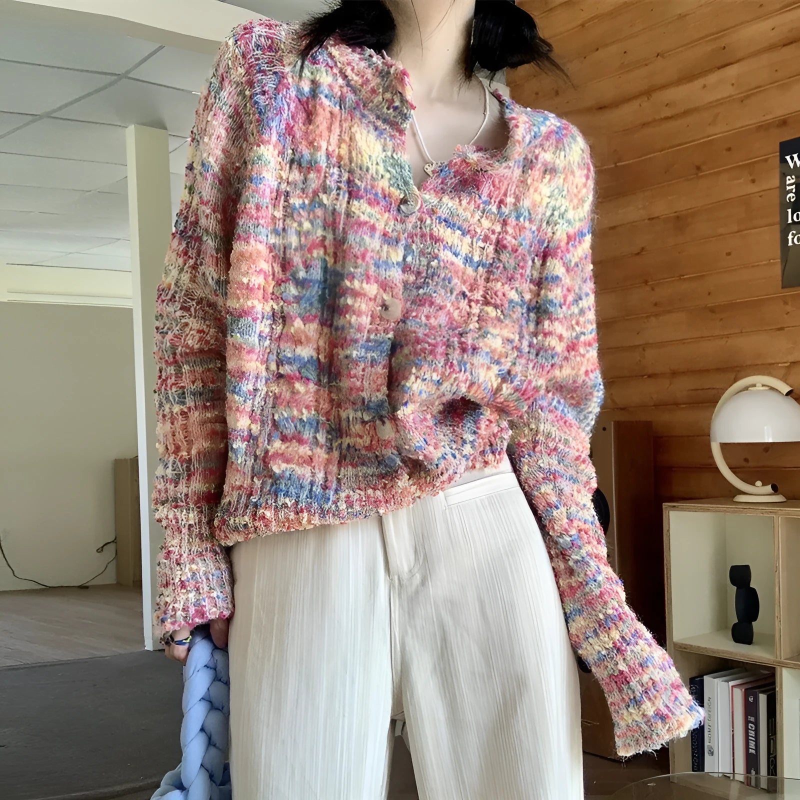Green retro rainbow knitted cardigan with toothbrush hair fabric and slim fit