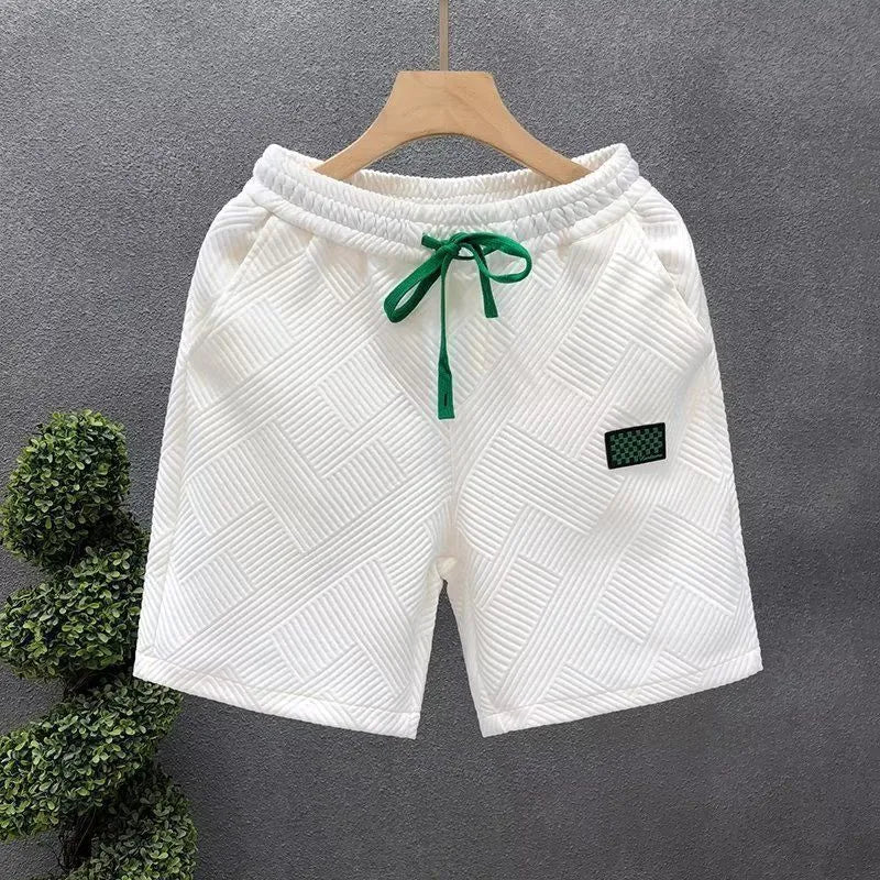 Men's American style casual sports shorts in white, black, and green colours with elastic waist