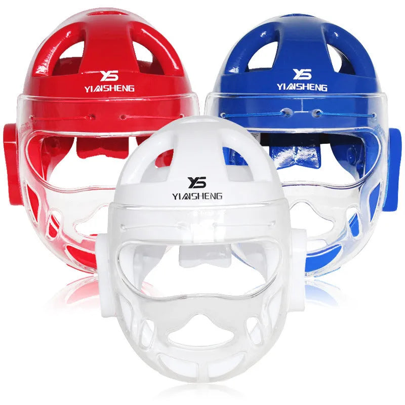 Karate helmet protective equipment for boxing in white, blue, or red colours available in S, M, L, XL sizes