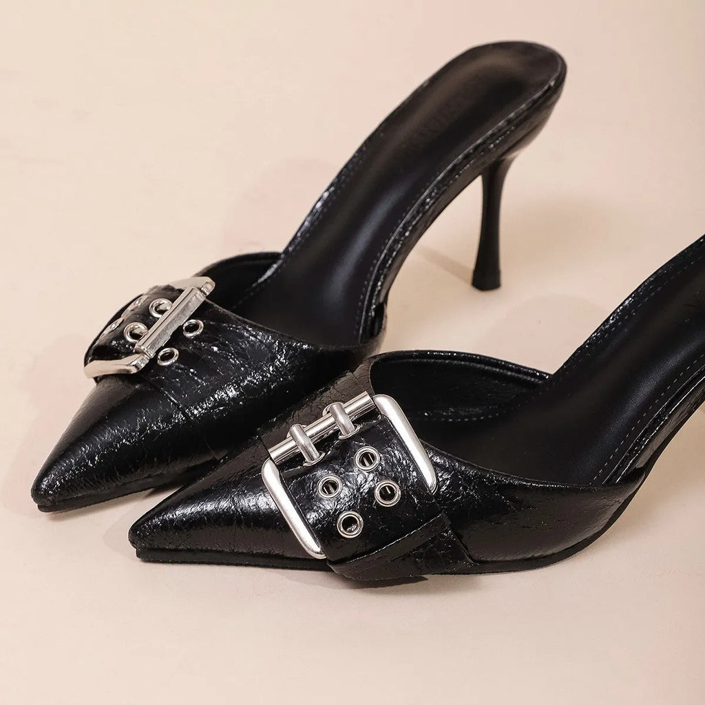 Women's black PU pointed toe high heels with buckle decoration on strap