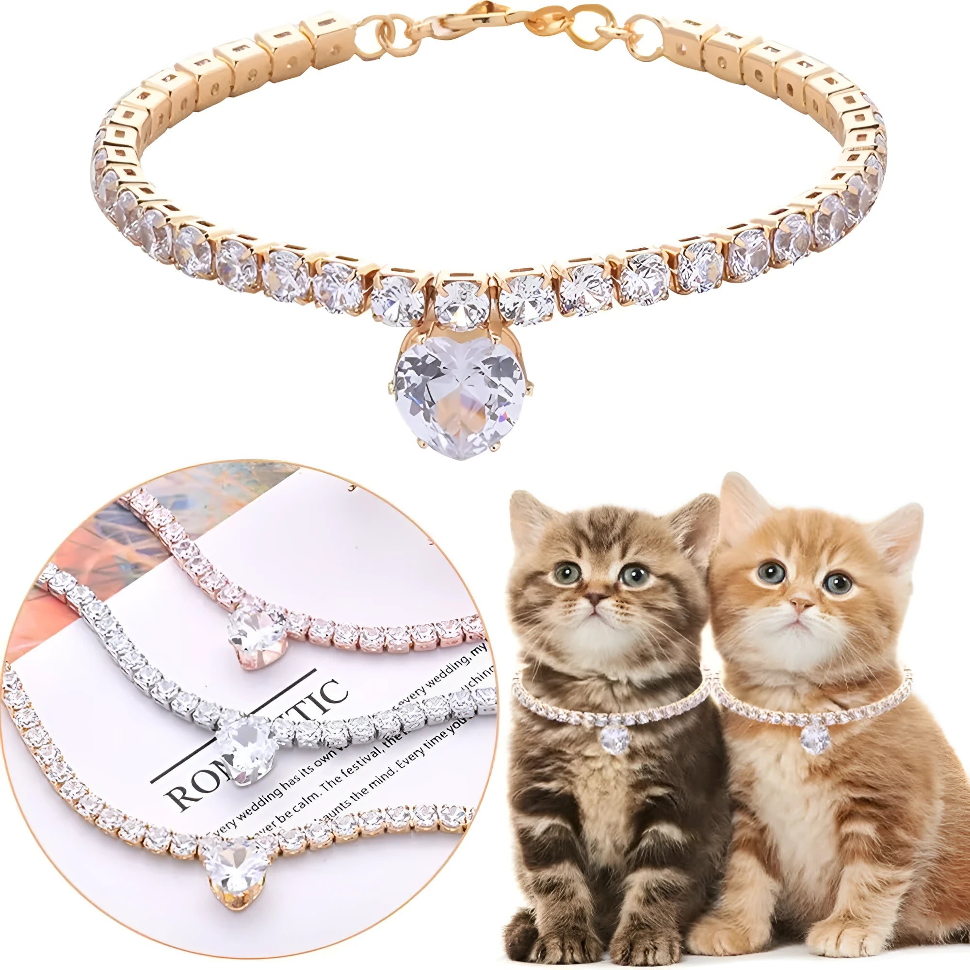 Gold rhinestone heart-shaped decorative collar for a dog or cat, shown with a bling design and an extension chain.