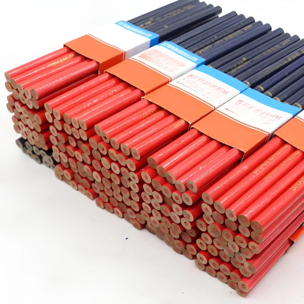 Red and blue carpenter pencils in wooden casing, 10-piece set for woodworking and construction marking