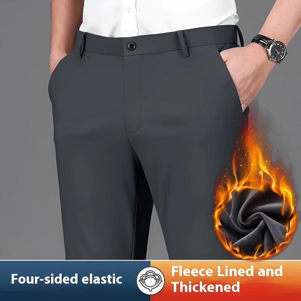 Fleece-lined men's trousers in black, straight fit, anti-wrinkle non-iron polyester fabric