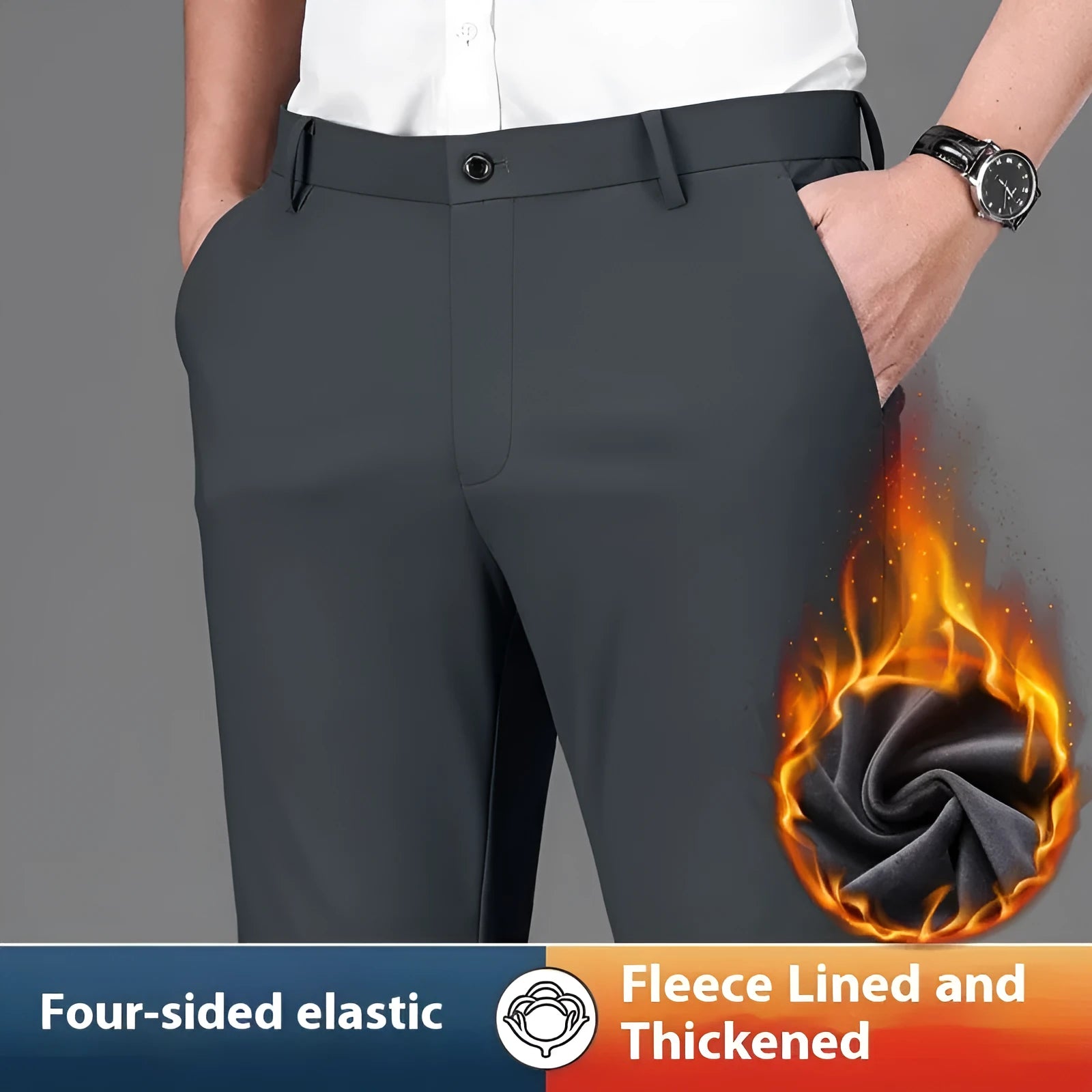 Fleece-lined men's trousers in black, straight fit, anti-wrinkle non-iron polyester fabric