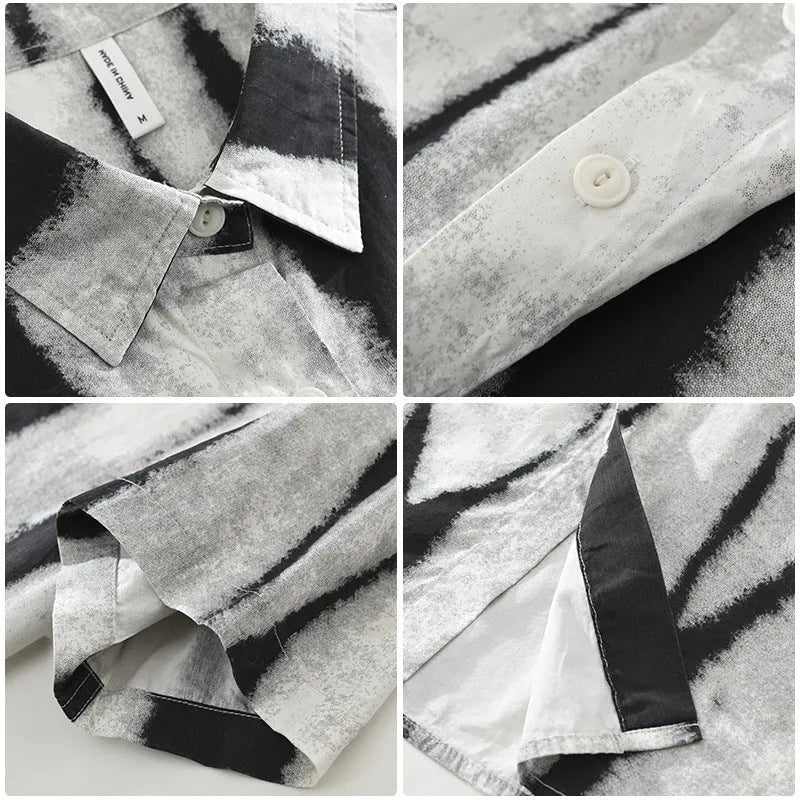 Retro striped short sleeve cardigan shirt in pure cotton fabric available in black and brown colours