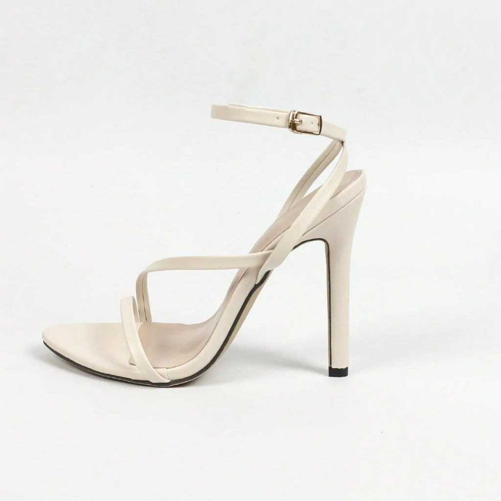 Women's open toe high heel sandals with cross ankle strap in gold, silver and milky white colours