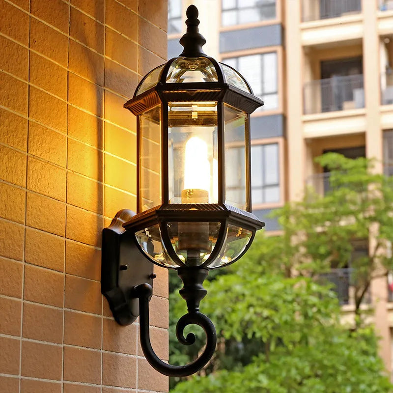 Gold aluminium outdoor waterproof wall lamp with three-layer eight-inch design on brick wall, courtyard setting