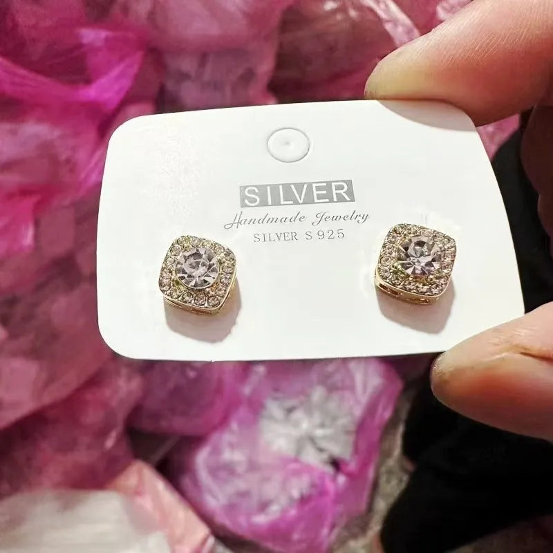 Square diamond geometric earrings with quadrilateral design in silver and gold alloy options