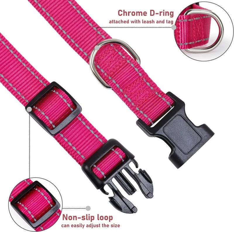 Adjustable nylon dog chest strap collar in black, blue, red, green, orange, purple, and lake blue