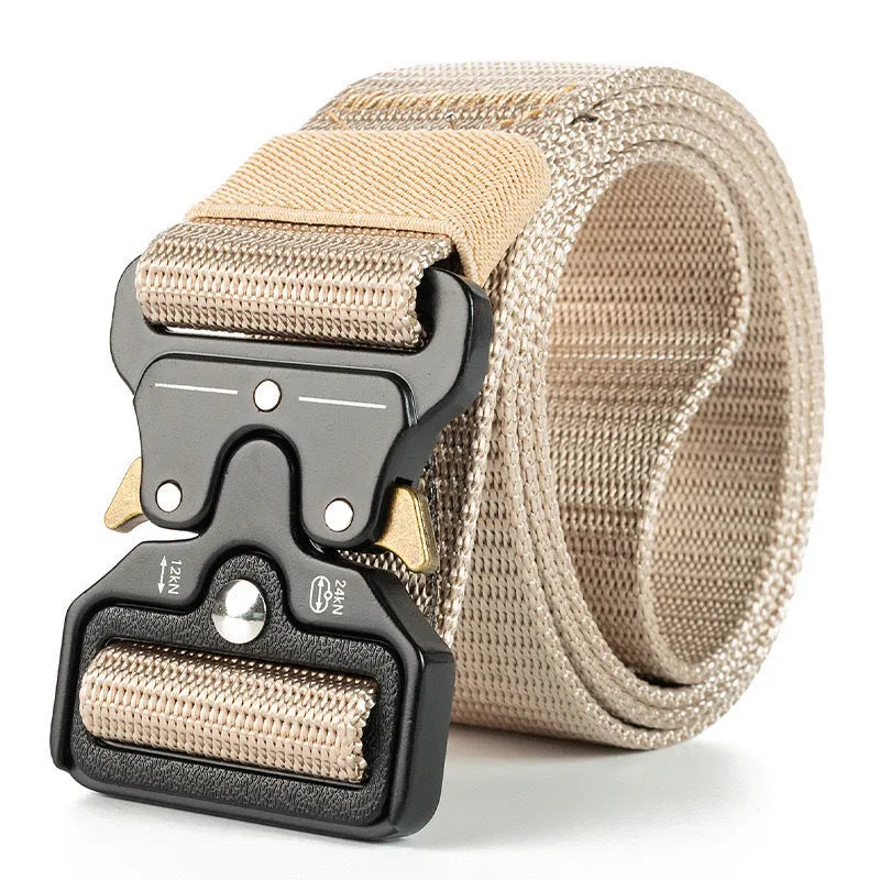 Men's thick canvas tactical belt with alloy buckle in multiple colour options showing release mechanism