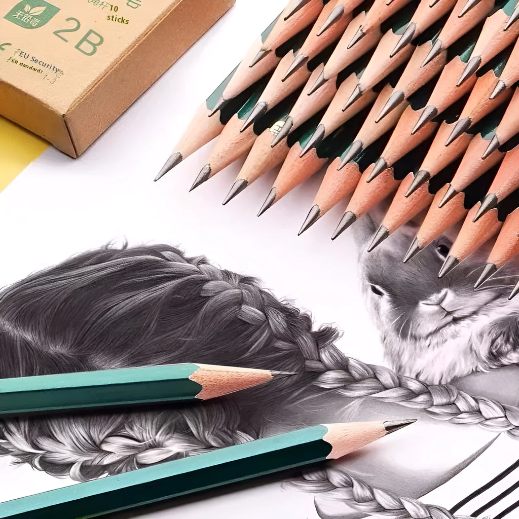 Green hexagonal wooden drawing pencils in HB and 2B grades, box of 10 pieces.