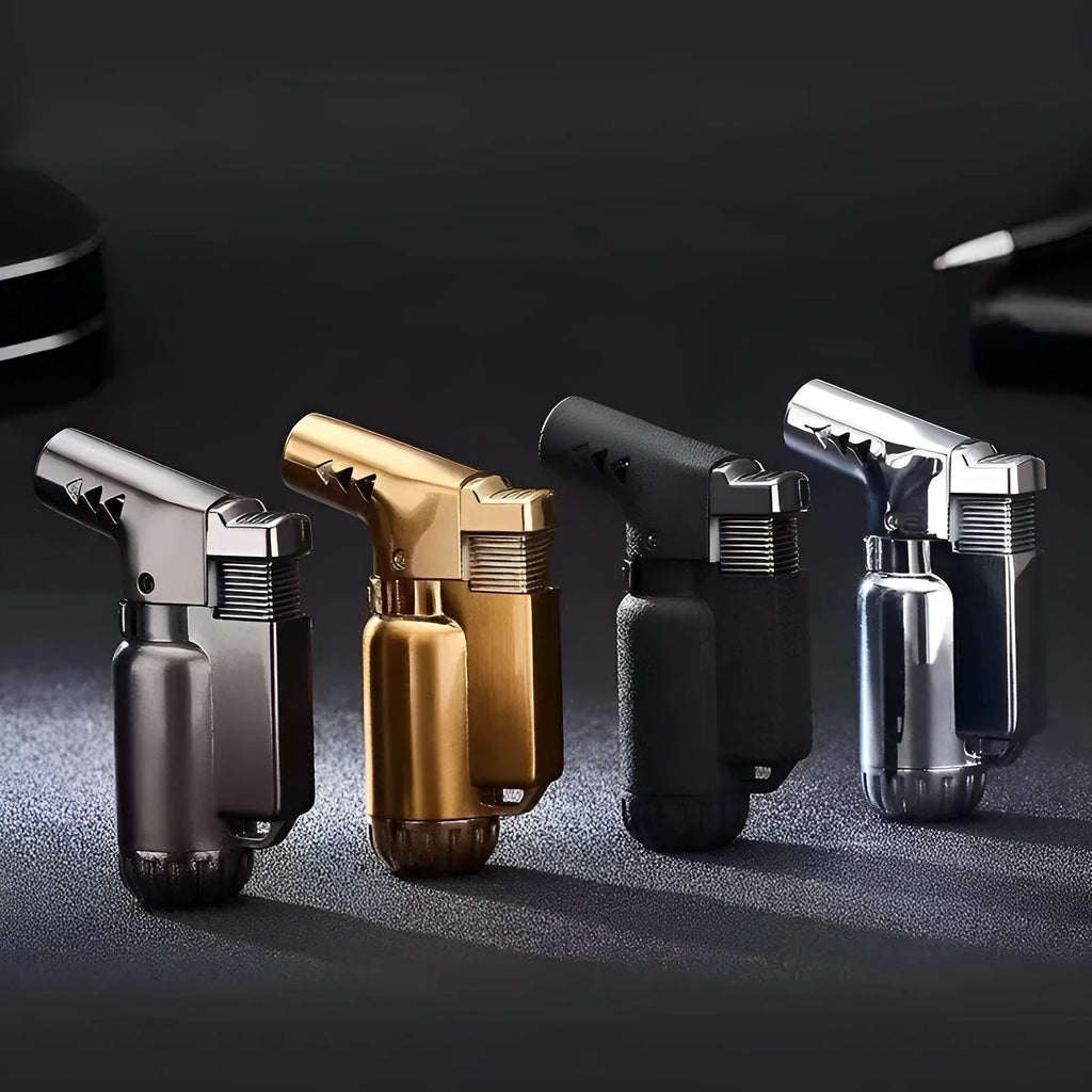 HB805-1 full metal elbow straight punching windproof lighter in black, gold, gray, silver.